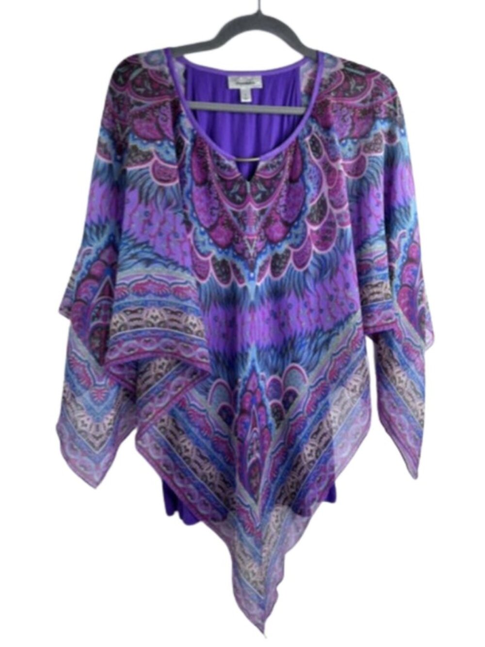 Dressbarn Women's Handkerchief Chiffon Print Blouse Size L Purple/Pink/Blue